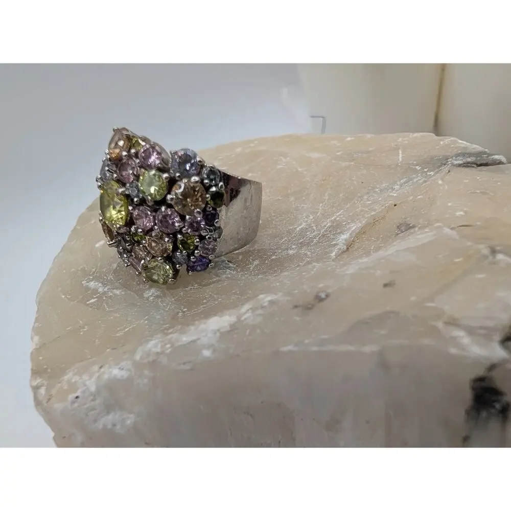 Fashion Cocktail Ring Multi-Color Gemstone Cluster Wide Band Silver Tone Size 7